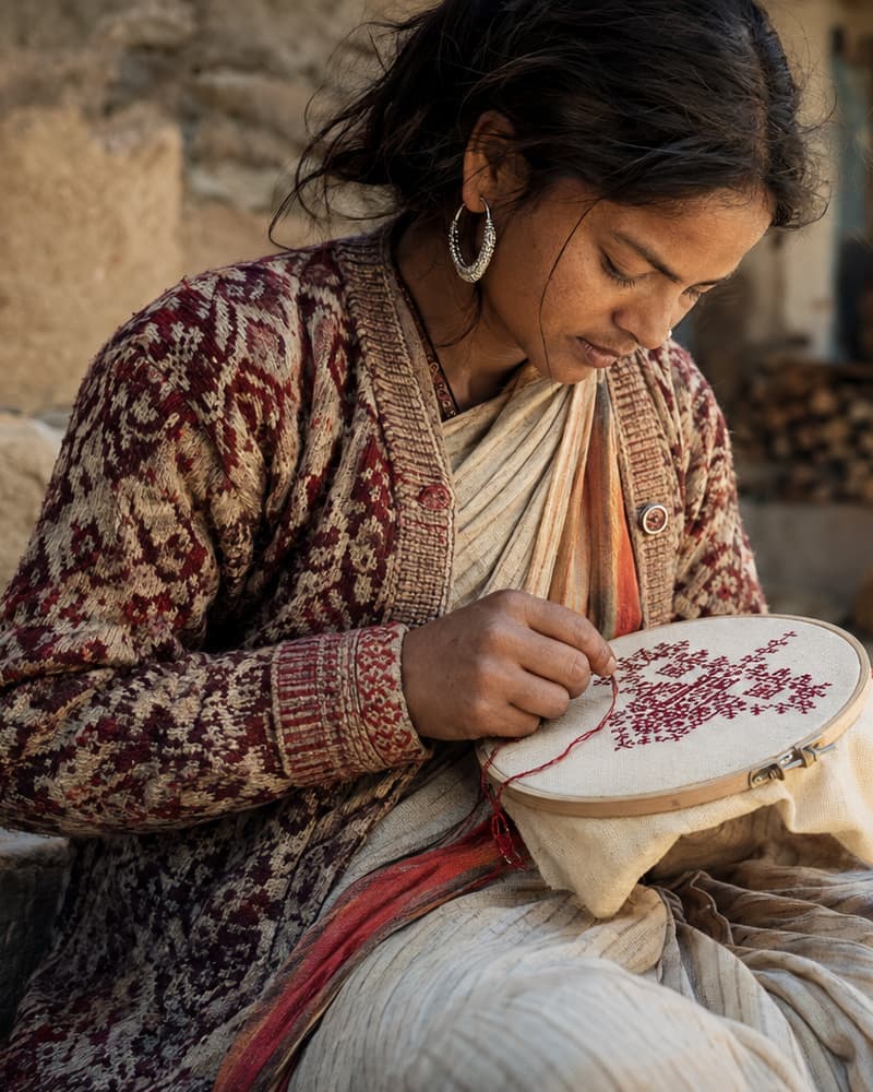 An artisan at her embroidery hoop in Kumaon