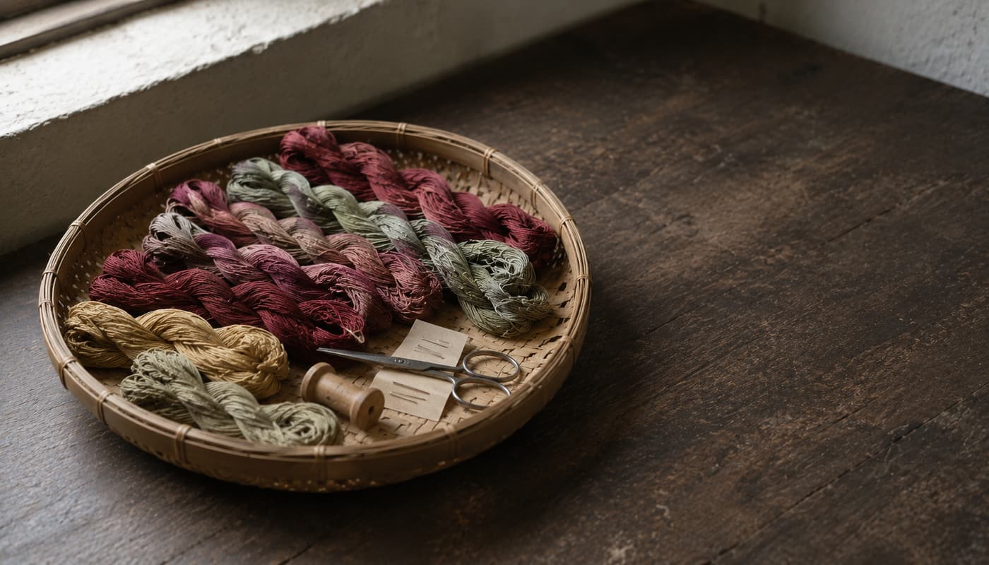 A cane tray of embroidery skeins in ruby, gold and grey-green