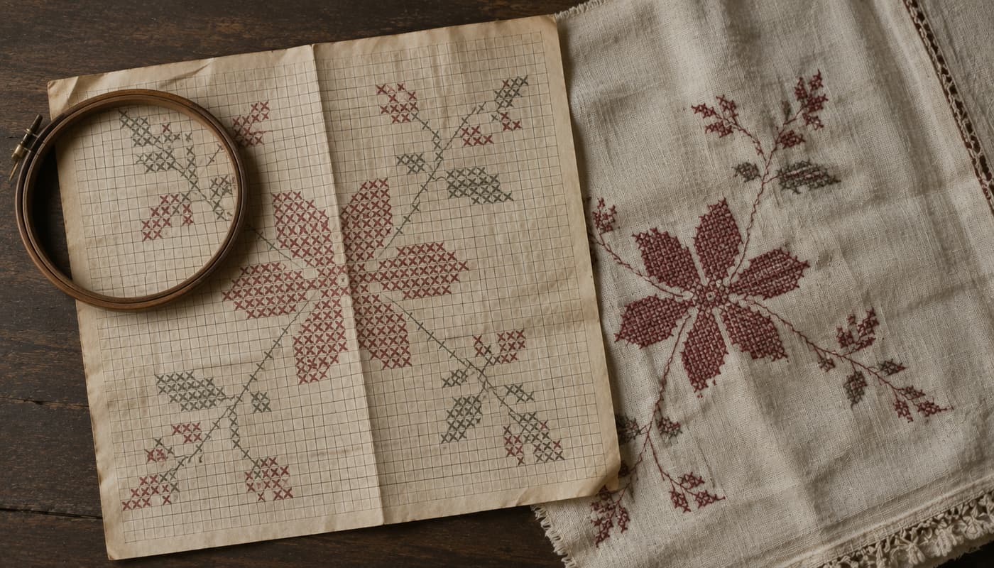 A hand-drawn counted cross-stitch chart beside the finished linen